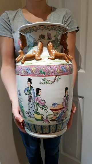 Large Vintage Chinese Famille Rose Vase Hand Painted Red Mark On Base