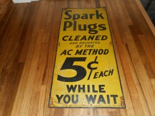 Vintage 5 Cent Ac Spark Plugs Cleaned Tin Advertising Gas Station Sign