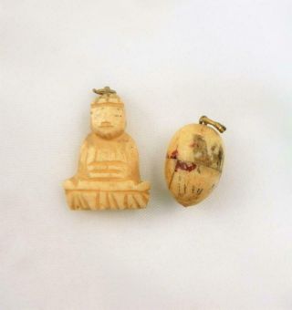 Antique Carved Tiny Egg & God / Deity Buddha Figure Charm / Fob /pendant 1880 