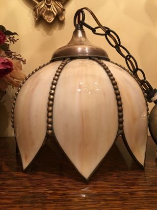 Vintage Swag Slag Glass Tulip Hanging Light 8 Panel Shade Unsigned