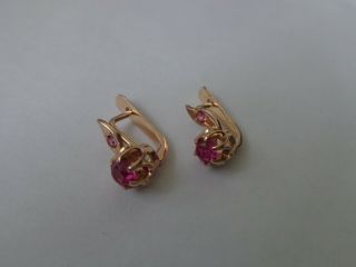 Vintage Soviet Solid Rose Gold Earrings 14k 583 Star Ruby 4.  26 Gr Russian Ussr