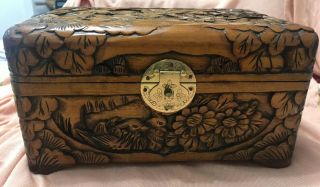 Vtg Antique Carved Asian Box Camphor Chinese Jewelry Wood Floral Bird