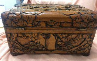 VTG Antique Carved Asian Box Camphor Chinese Jewelry Wood Floral Bird 2