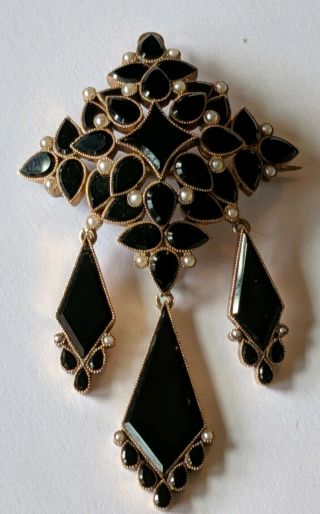 Large Victorian 14k Gold Onyx Seed Pearl Mourning Dangle Pin Brooch Pendant