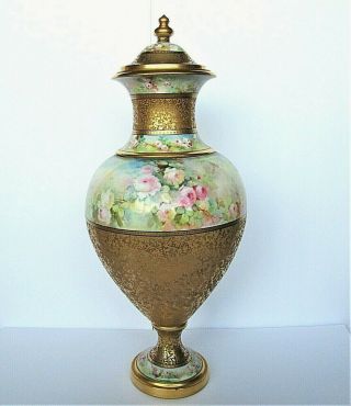 Antique French Limoge Huge Hand Painted Gold Gilded Covered Urn