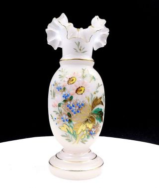 Bristol Glass Clambroth Enameled Flowers & Gold 7 3/8 " Ruffled Vase 1900 - 1940