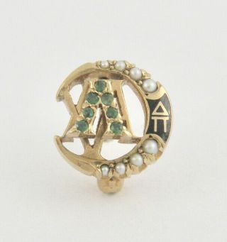 Vintage Lambda Chi Alpha 10k Gold Seed Pearl Emerald Sorority Pin
