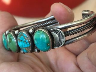 RARE 1930/40’s NAVAJO INDIAN SILVER & BLUE & GREEN TURQUOISE CUFF BRACELET 10