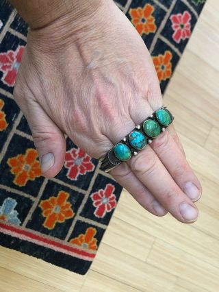 RARE 1930/40’s NAVAJO INDIAN SILVER & BLUE & GREEN TURQUOISE CUFF BRACELET 12