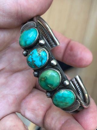 RARE 1930/40’s NAVAJO INDIAN SILVER & BLUE & GREEN TURQUOISE CUFF BRACELET 2