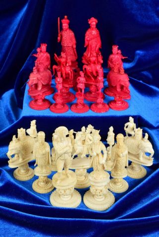 Fabulous Antique Chinese Carved Red/white Chess Set (bone No Board)