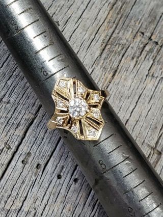 Vintage Art Deco 14k Yellow Gold.  70 Cttw Diamond Shield Ring.  46 Center Sz 6.  75