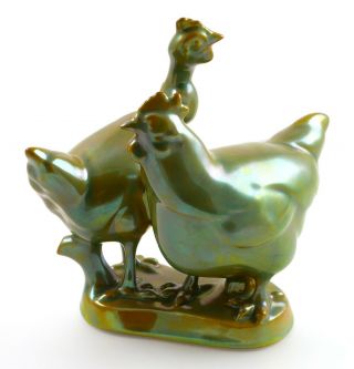 Vintage Zsolnay Pottery Iridescent Green Porcelain Chickens Figurine
