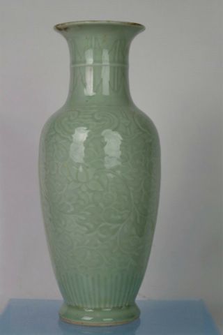 Fine Tall Antique Chinese Export Celadon Relief Vase - With Six Character Mark