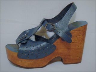 Rare Vintage 1970s Qualicraft Blue Leather Wood Heel Platform Sandals Shoes 6b