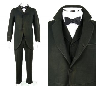 Vtg Couture C.  1880s Victorian 3 Pc Black Wool Jacket Vest Pants Morning Suit Set