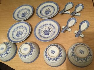 16 X Chinese Blue White Rice Grain Porcelain Rice Soup Bowls Plates Spoons Rests
