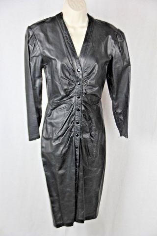 Vintage Michael Hoban North Beach Black Soft Leather Gathered Front Snap Dress S