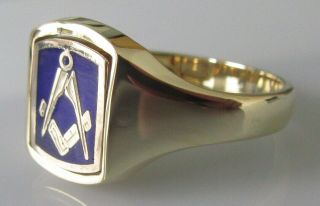 Vintage 9ct Gold Blue Enamel Masonic Compass & Set Square Swivel Ring Size X