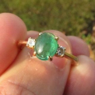 Vintage Estate 14k Gold Diamond Cabochon Emerald Ring