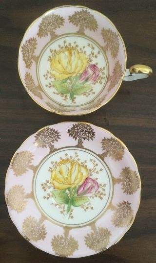 Vtg - Victoria C&e Bone China England Teacup&saucer Pink&yellow Roses&gold Trees