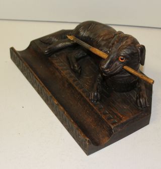 Wood Antique Black Forest Folk Art Carved Figural Dog Ink Well Holder 2
