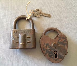 Antique Vtg 2 Locks With Key Hercules Heart Shape