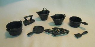 8 Cast Iron Miniature Coal Buckets Trivet Scoop Pot Pan Skillets Doll House