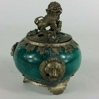 Exquisite Chinese Silver Dragon Inlaid Jade Handmade Carved Lion Incense Burner