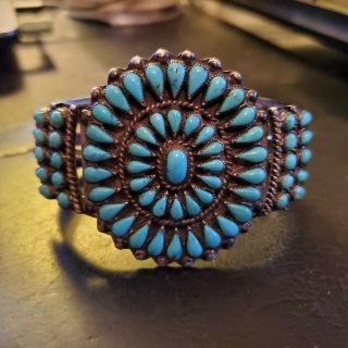 Vintage Zuni Pueblo Silver Turquoise Cluster Bracelet - Carinated Shank Exc