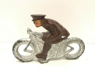 Vintage Barclay Manoil Policeman Soldier On Motorcycle Brown Uniform Figure