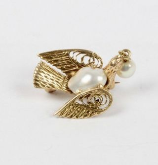 Vintage 14k Gold And Pearl Dove Bird Pin