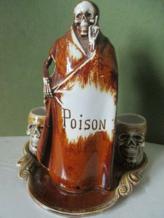 Vintage Ceramic Pottery " Poison " Decanter With Tray & 2 Skull Shot Glasses