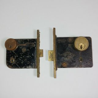 2 Vintage Mortise W Cylinder Lock Chesler Yale Left Hand Brass Plate Antique