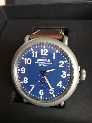 Rare Vintage Collectors Matte Stainless Steel Shinola Runwell 47mm Blue Watch