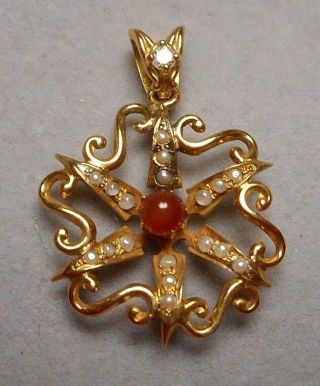 Dainty Victorian Flower Pendant - 14k Gold Seed Pearls Tiny Diamond & Carnelian