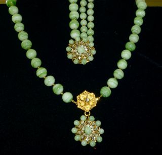 Vintage Miriam Haskell Green Glass Bead Necklace And Bracelet Set