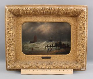 Small 19thc Signed Antique Maritime Seascape Rough Seas Oil Painting Nr