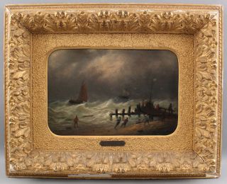 Small 19thC Signed Antique Maritime Seascape Rough Seas Oil Painting NR 2
