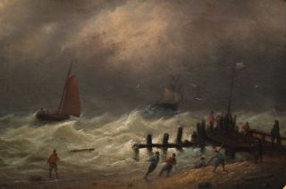 Small 19thC Signed Antique Maritime Seascape Rough Seas Oil Painting NR 3