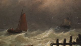 Small 19thC Signed Antique Maritime Seascape Rough Seas Oil Painting NR 4