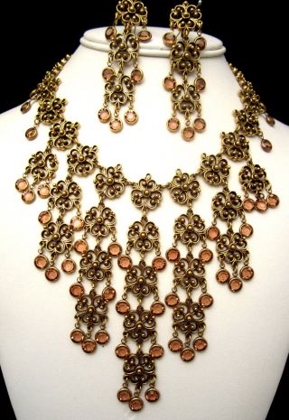 Rare Vintage Goldette Goldtone Amber Glass Crystal Drippy Necklace & Earring Set
