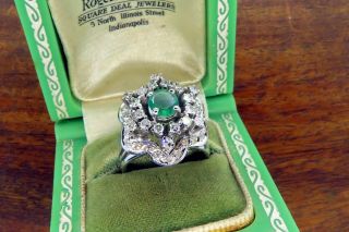 Vintage Palladium Art Deco Antique Colombian Emerald Diamond Cocktail Ring C4