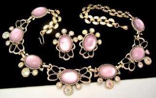 Rare Vintage Signed Selro Goldtone Purple Moonstone Necklace & Earring Set A49