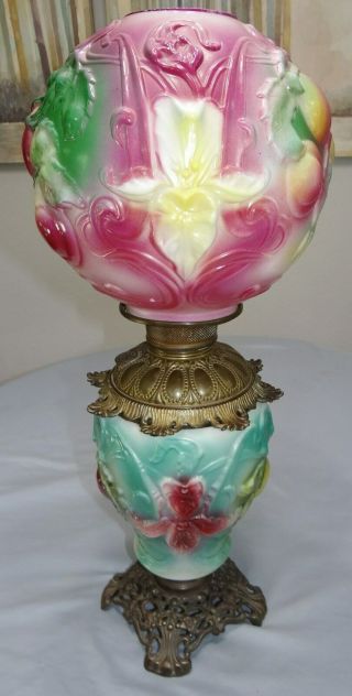 Antique GWTW Kerosene Oil Parlor Banquet Table Lamp Peach & Iris Royal Font RARE 11