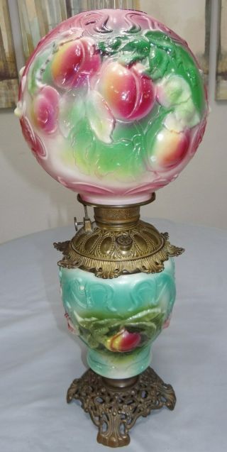 Antique Gwtw Kerosene Oil Parlor Banquet Table Lamp Peach & Iris Royal Font Rare