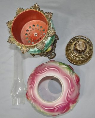 Antique GWTW Kerosene Oil Parlor Banquet Table Lamp Peach & Iris Royal Font RARE 5