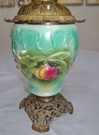 Antique GWTW Kerosene Oil Parlor Banquet Table Lamp Peach & Iris Royal Font RARE 8