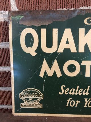 Vtg 1940s Quaker State Motor Oil Double Sided Tin Sign 100 Pennsylvania Oil 24” 10