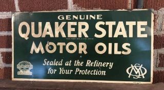 Vtg 1940s Quaker State Motor Oil Double Sided Tin Sign 100 Pennsylvania Oil 24”